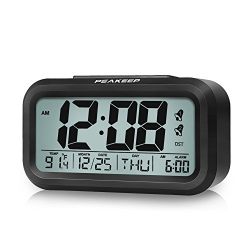 Peakeep Battery Digital Dual Alarm Clock with DST, Dimmer Nightlight, Multifunctional Clock with Calendar, Date, Day of Week, Temperature, 2 Alarms with Snooze (Black)