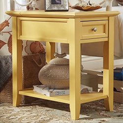 Modern Wood Accent End Table Night Stand with Power Strip1 Drawer and Storage Shelf - Includes Modhaus Living Pen (Yellow)