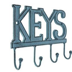 Key Holder “Keys” – Wall Mounted Western Key Holder | 4 Key Hooks | Decorative Cast Iron Key Rack | with Screws and Anchors – 6x8”- CA-1506-04 (Rustic Blue)