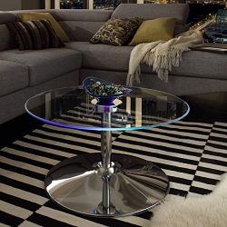 Modern Style LED Accent Tempered Glass Top Round Shaped Table-Caley Cocktail Coffee Table | Chrome Metal Frame, Living Room Decor - Includes Modhaus Living Pen
