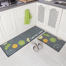 Carvapet 2 Piece Non-Slip Kitchen Mat Rubber Backing Doormat Runner Rug Set, Lemon Design