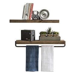 del Hutson Designs Handmade Rustic Pine Wood (2 x 24 x 5.5-inch) Floating Shelves with Towel Bar (Walnut)