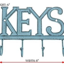 Key Holder “Keys” – Wall Mounted Western Key Holder | 4 Key Hooks | Decorative Cast Iron Key Rack | with Screws and Anchors – 6x8”- CA-1506-04 (Rustic Blue)