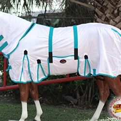 HILASON 75" POLY AIRFLOW MESH HORSE FLY SHEET WITH NECK COVER & BELLY STRAP WHITE/TURQUOISE