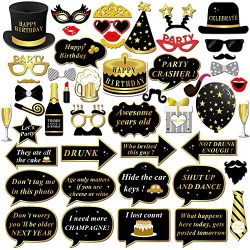 Konsait Happy Birthday Party Photo Booth Props with Stick (49Counts) for Her Him Funny Birthday Black and Gold Decorations, Happy Birthday Party Favors Supplies for kids Adults Men and Women