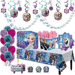 Disney Frozen Deluxe MEGA Birthday Party Supplies Pack and Decorations for 16 includes Plates, Napkins, Cups, a Table Cover, a Candle, Swirl Decorations, Balloons, and a Snowflake Garland