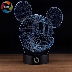 LE3D 3D Optical Illusion Desk Lamp/3D Optical Illusion Night Light, 7 Color LED 3D Lamp, Disney 3D LED For Kids and Adults, Mickey Mouse Light Up