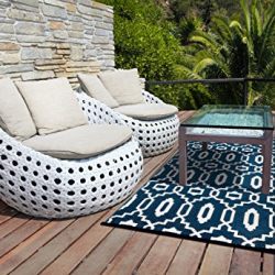 Green Decore Modern Outdoor/Reversible Eco Plastic Rug, Dark Blue/White