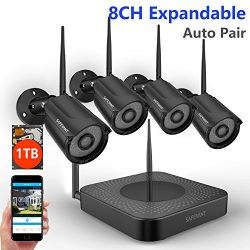 【Expandable System】 Safevant 8CH NVR Wireless Security Camera System, 4pcs Black 960P Indoors&Outdoors Wireless Security Cameras,65ft Night Vision,1TB HDD Pre-installed,Auto-Pair,Plug&Play