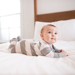 Burt's Bees Baby Baby Girls' Organic Stripe Zip Front Non-Slip Footed Sleeper Pajamas, Blossom Rugby Stripe, 3-6 Months