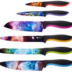 Kitchen Knife Set in Gift Box by Chef's Vision - Cosmos Series - Unique Gifts For Men and For Women - FREE Bonus Booklet - 6 Piece Color Set - Chef, Bread, Slicer, Santoku, Utility, Paring Knives