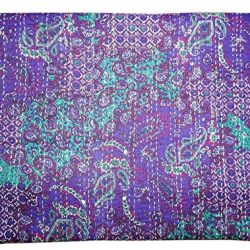 Bhavya International Purple Cotton Kantha Quilt Indian Handmade Bedding Queen Size Bedding Blanket Bedcover