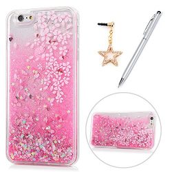 iPhone 6 Plus Case for Girls, iPhone 6S Plus Case, KASOS Colorful Painting Pink Flower Bling Glitter Quicksand Soft TPU Frame PC Back Shell Slim Fit Cover & Dust Plug & Stylus - Cherry Blossom