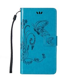 HTC One M8 Case,Gift_Source [Card Slot] [Kickstand Feature] Magnetic Closure PU Leather Flower Butterfly Embossed Wallet Case Folio Flip Case with Strap for HTC One M8 [Blue]