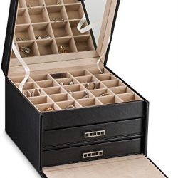 Glenor Co Earring Organizer Holder - 50 Small & 4 Large Slots Classic Jewelry box with Drawer & Modern Closure, Mirror, 3 Trays for All Sizes Earrings, Ring or Chain Storage - PU Leather Case - Black