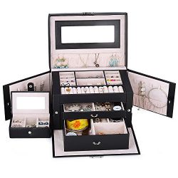 Kendal Large Leather Jewelry Box / Case / Storage / Organizer With Travel Case and Lock (Black)