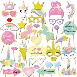 Konsait Unicorn Party Supplies(35Count), Glitter Unicorn Photo Booth Props Funny Rainbow Unicorn Pegasus Photo Props for Unicorn Baby Shower Birthday Party Decoration Favors Supplies for Girl Kids