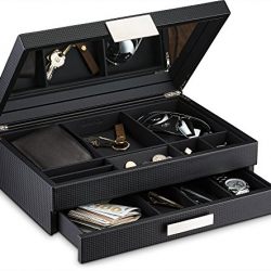Glenor Co Mens Valet / Dresser Organizer - 12 Slot Luxury Jewelry Accessories Box, Carbon Fiber Design, Drawer Tray, Metal Buckle & Large Mirror for Men’s Watches, Sunglasses, Wallet… Pu Leather Black