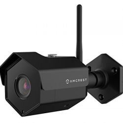 Amcrest 4MP outdoor security camera with night vision and weatherproof housing, mounted for surveillance, with a black sleek design. 