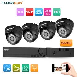 FLOUREON House Camera 8CH 1080N AHD CCTV DVR House Security System 5 IN 1 TVI + 4 X 2000TVL 960P HD Dome Indoor/Outdoor Camera Surveillance Security for Home/Apartment/Office/Factory/Store