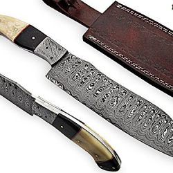 RK-2112 Style Damascus Steel Chef Knife – beutifull Bull Hurn & White Bone Handle with beutifull Demascus Bolster