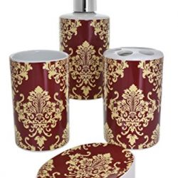 Set 4 Piece Classic Burgundy Cream Damask Oriental Ceramic Bathroom Accessories