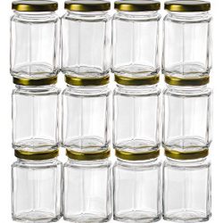 GoJars 4oz Premium Food-Grade Hexagon Glass Jars for Gifts, Wedding Favors, Honey, Jams, Baby Food, Spices and More (12, 4oz)