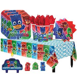 PJ Masks Birthday Party Pack for 16 with Plates, Napkins, Cups, Tablecover, and Candles