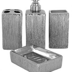 Set 4 Piece Silver Stripe Ceramic Bathroom Accessories with Stainless Steel Pump