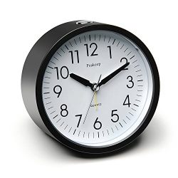 Peakeep 4 inch Round Silent Analog Alarm Clock Non Ticking, Gentle Wake, Beep Sounds, Increasing Volume, Battery Operated Snooze and Light Functions, Easy Set (Black)
