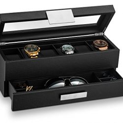 Glenor Co Watch Box with Valet Drawer for Men - 6 Slot Luxury Watch Case Display Organizer, Carbon Fiber Design -Metal Buckle for Mens Jewelry Watches, Men's Storage Holder Boxes has a Large Glass Top
