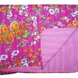 Bhavya International Pink Floral Cotton Kantha Quilt Indian Handmade Bedspread
