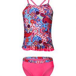 BELLOO Girl's Printing Tankini Sets Swimsuit, Ruffled Hem Two Pieces Bathing Suit,