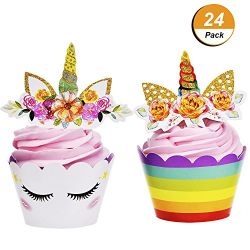 Maxdot 24 Set Unicorn Cupcake Toppers and Wrappers Double Sided Design for Party Cake Decorations