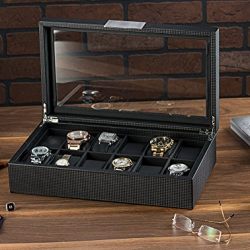 Glenor Co Watch Box for Men - 12 Slot Luxury Carbon Fiber Design Display Case, Large Holder, Metal Buckle -Black