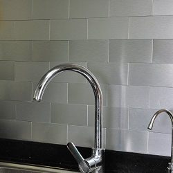 Art3d 100-Pieces Peel and Stick Tile Kitchen Backsplash Metal Wall Tiles, Brushed Aluminium Subway