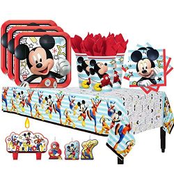 Disney Mickey Mouse On the Go Birthday Party Pack for 16 with Plates, Napkins, Cups, Tablecover, and Candles