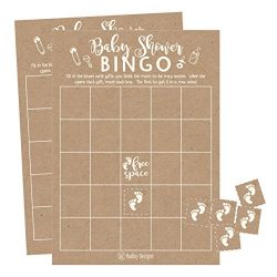 25 Rustic Kraft Bingo Game Cards For Baby Shower, Bulk Blank Bingo Squares, PLUS 25 Pack of Baby Feet Game Chips, Funny Baby Party Ideas and Supplies For Girl or Boy, Cute Kids Woodland Paper Pattern