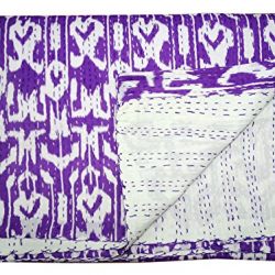 Bhavya International Indian Handmade Kantha Quilt Geometric Bedspread Bedcover Queen