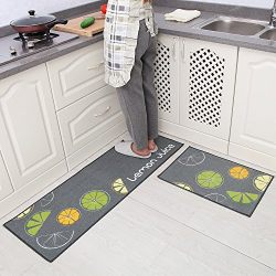 Carvapet 2 Piece Non-Slip Kitchen Mat Rubber Backing Doormat Runner Rug Set, Lemon Design