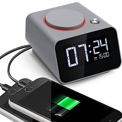Alarm Clock Charger,Digital Alarm Clock for Bedroom,with Dual USB Charging Port for Cell Phone and Snooze/Dimmable/Battery Backup Function (Gray)