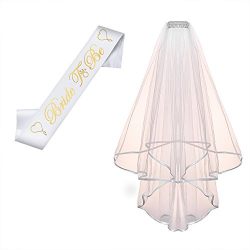 Konsait Bride To Be Sash and Tiara Kit - Wedding Tiara with Veil and Bachelorette Party Tattoo Bundle, Bride to be Tiara and Sash Set for Bachelorette Party Supplies Wedding Bridal Shower Supplies