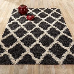 Sweet Home Stores Cozy Shag Collection Charcoal Moroccan Trellis Design Shag Rug Contemporary
