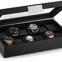 Glenor Co Watch Box for Men - 12 Slot Luxury Carbon Fiber Design Display Case, Large Holder, Metal Buckle -Black