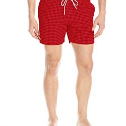 Lacoste Men's Elastic Waist Gingham Swim Trunk, Red, L