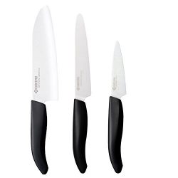 Kyocera Advanced Ceramics – Revolution Series 3-Piece Ceramic Knife Set: Includes 6-inch Chef's Knife; 5-inch Micro Serrated Knife; and 3-inch Paring Knife; Black Handles with White Blades