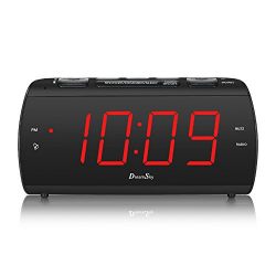DreamSky Digital Alarm Clock Radio with USB Charging Port and FM Radios , Earphone Jack , Large 1.8 " LED Display with Dimmer, Snooze , Sleep Timer , Plug in Clock for Bedroom.