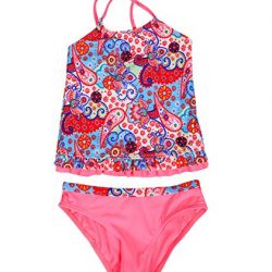 BELLOO Girl's Printing Tankini Sets Swimsuit, Ruffled Hem Two Pieces Bathing Suit,