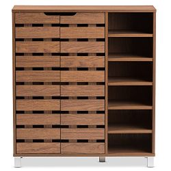 Baxton Studio Eloise Modern & Contemporary Beech Wood 2 Door Shoe Cabinet with Open Shelves, Walnut