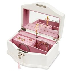JewelKeeper Girls Wooden Musical Jewelry Box with Lock and Key, Classic Design with Ballerina and Mirror, Swan Lake Tune, White